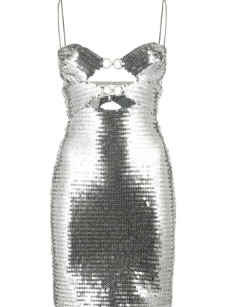 Nensi Dojaka sequinned cutout minidress in silver tone – strappy metallic mini dress – skinny shoulder strap party dresses – sequin embellished occasion fashion – cut out evening clothes – spaghetti straps - flipped