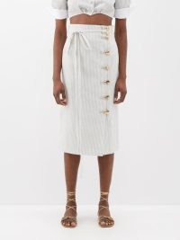 ALTUZARRA Hiroki striped midi skirt ~ cream summer pencil skirts ~ tie waist ~ gold button detail ~ women’s slubbed clothing