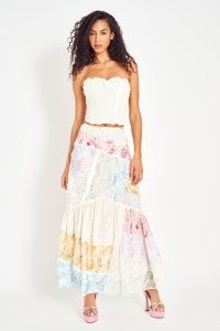 LoveShackFancy Obelia Silk Maxi Skirt in Rainbow Clouds | mixed floral print skirts | lace detail fashion | boho summer clothing | luxury bohemian clothes | multi prints | lace details