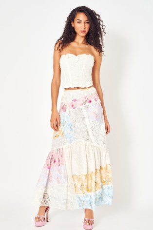 LoveShackFancy Obelia Silk Maxi Skirt in Rainbow Clouds | mixed floral print skirts | lace detail fashion | boho summer clothing | luxury bohemian clothes | multi prints | lace details - flipped