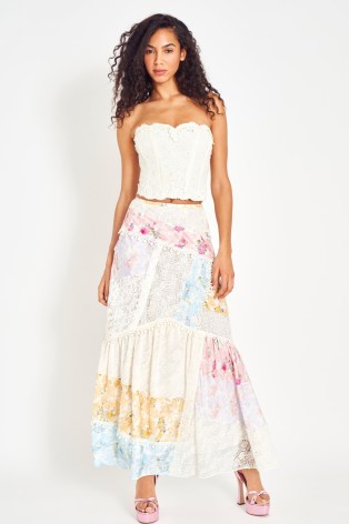 LoveShackFancy Obelia Silk Maxi Skirt in Rainbow Clouds | mixed floral print skirts | lace detail fashion | boho summer clothing | luxury bohemian clothes | multi prints | lace details