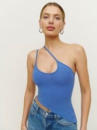 Reformation Oceane Knit Tank in Dusk ~ blue strappy asymmetric tanks ~ one shoulder double spaghetti strap top ~ women’s clothes with skinny straps ~ womens asymmetrical fashion ~ glamorous looks