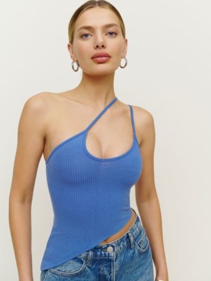Reformation Oceane Knit Tank in Dusk ~ blue strappy asymmetric tanks ~ one shoulder double spaghetti strap top ~ women’s clothes with skinny straps ~ womens asymmetrical fashion ~ glamorous looks - flipped