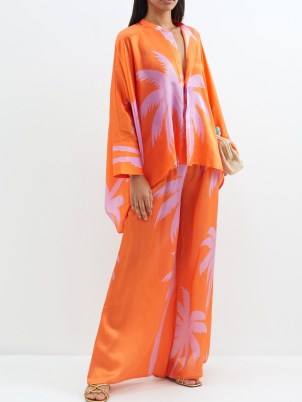 EYWASOULS MALIBU Luna dipped-hem palm-print silk shirt / silky orange and lilac high low hemline shirts / womens fluid fabric fashion - flipped
