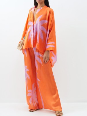 EYWASOULS MALIBU Luna dipped-hem palm-print silk shirt / silky orange and lilac high low hemline shirts / womens fluid fabric fashion