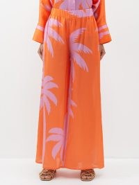 EYWASOULS MALIBU Pearl palm-print silk trousers / orange and lilac silky wide leg pants / women’s fluid fabric clothes