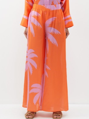 EYWASOULS MALIBU Pearl palm-print silk trousers / orange and lilac silky wide leg pants / women’s fluid fabric clothes