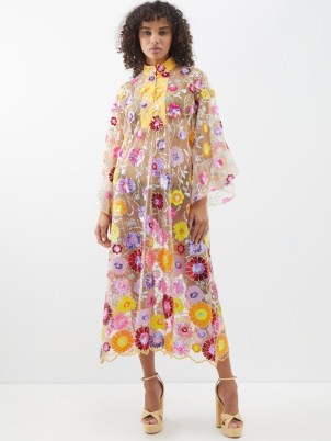 LA VIE STYLE HOUSE Sequinned-mesh midi kaftan – luxury sheer kaftans – luxe floral sequin dresses – retro inspired fashion – wide kimono sleeve clothing – women’s clothes with multicoloured sequins