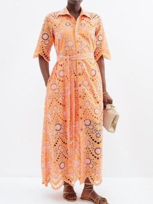 EVI GRINTELA Valerie broderie-anglaise cotton shirt dress in orange / collared tie waist maxi dresses - flipped