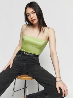 Reformation Overland Silk Top in Yucca – green strappy fitted tops – luxe silky fashion – skinny shoulder strap clothes - flipped