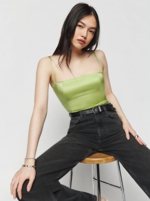 Reformation Overland Silk Top in Yucca – green strappy fitted tops – luxe silky fashion – skinny shoulder strap clothes