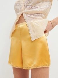 Reformation Paisley Silk Short in Dandilion – yellow lace hem shorts – silky clothing