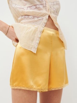Reformation Paisley Silk Short in Dandilion – yellow lace hem shorts – silky clothing - flipped