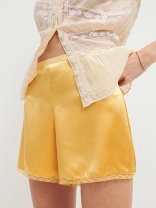 Reformation Paisley Silk Short in Dandilion – yellow lace hem shorts – silky clothing