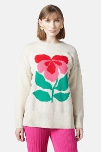 gorman Pansy Placement Jumper in Oatmeal / floral motif jumpers / flower patterned knitwear