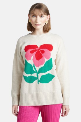 gorman Pansy Placement Jumper in Oatmeal / floral motif jumpers / flower patterned knitwear - flipped