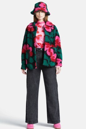 gorman Pansy Sherpa Jacket / textured faux shearling coats / women’s green and pink floral jackets / womens retro style fleece jacket - flipped