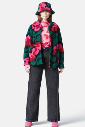 gorman Pansy Sherpa Jacket / textured faux shearling coats / women’s green and pink floral jackets / womens retro style fleece jacket