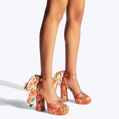 Kurt Geiger London Pierra Ankle Tie Platform in Orange | bright floral print platforms | crystal covered block heel sandal | women’s retro look shoes | 70s style high heels - flipped