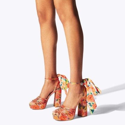 Kurt Geiger London Pierra Ankle Tie Platform in Orange | bright floral print platforms | crystal covered block heel sandal | women’s retro look shoes | 70s style high heels