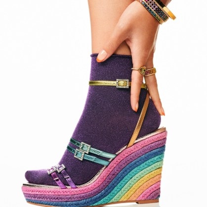Kurt Geiger London Pierra Wedge in Multi | metallic multicoloured wedges | wedged rainbow sandal | strappy shoes | women’s high ankle strap sandals - flipped