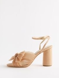 LOEFFLER RANDALL Camellia 90 pleated-organza sandals in blush ~ light pink semi sheer bow front block heels ~ feminine summer occasion shoes ~ wedding guest footwear