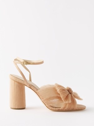 LOEFFLER RANDALL Camellia 90 pleated-organza sandals in blush ~ light pink semi sheer bow front block heels ~ feminine summer occasion shoes ~ wedding guest footwear - flipped