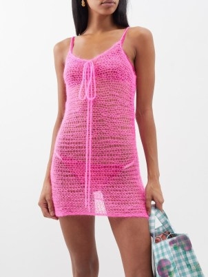 ERL Crochet mohair slip dress ~ women’s strappy sheer open knit dresses ~ pink knitwear fashion ~ womens bubblegum pink summer clothes - flipped