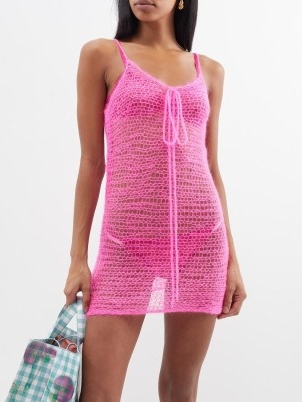 ERL Crochet mohair slip dress ~ women’s strappy sheer open knit dresses ~ pink knitwear fashion ~ womens bubblegum pink summer clothes