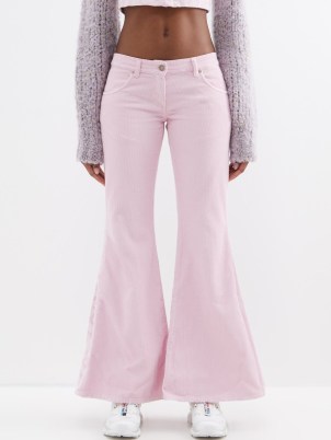 ERL Low-rise cotton-corduroy flared trousers ~ pink cord flares ~ women’s low rise waist pants with a wide flare hem ~ womens retro inspired clothes ~ vintage style fashion - flipped
