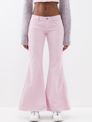 ERL Low-rise cotton-corduroy flared trousers ~ pink cord flares ~ women’s low rise waist pants with a wide flare hem ~ womens retro inspired clothes ~ vintage style fashion