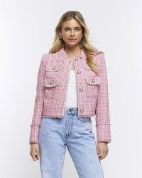 RIVER ISLAND PINK PEARL BOUCLE TROPHY BLAZER ~ women’s embellished tweed style jackets ~ womens textured pocket detail blazers