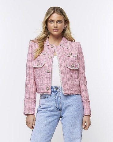 RIVER ISLAND PINK PEARL BOUCLE TROPHY BLAZER ~ women’s embellished tweed style jackets ~ womens textured pocket detail blazers - flipped