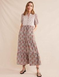BODEN Pintuck Detail Maxi Dress Ivory, Dainty Floret – women’s puff sleeve tiered hem dresses – womens mixed flower print cotton clothes – multi floral prints on summer fashion