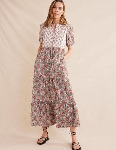 BODEN Pintuck Detail Maxi Dress Ivory, Dainty Floret – women’s puff sleeve tiered hem dresses – womens mixed flower print cotton clothes – multi floral prints on summer fashion