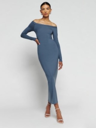 Reformation Prudence Knit Dress in Flint ~ fitted long sleeve off the shoulder dresses - flipped
