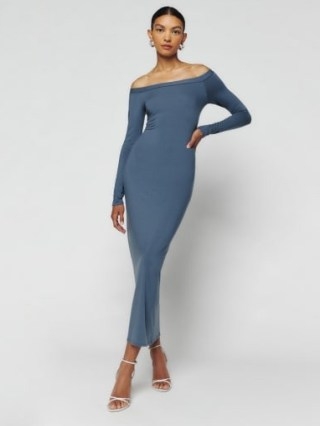 Reformation Prudence Knit Dress in Flint ~ fitted long sleeve off the shoulder dresses