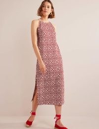 BODEN Racer Neck Jersey Midi Dress Poinsettia, Block Pome – red sleeveless slim fit dresses – women’s cotton summer fashion