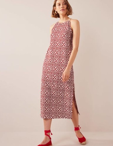 BODEN Racer Neck Jersey Midi Dress Poinsettia, Block Pome – red sleeveless slim fit dresses – women’s cotton summer fashion - flipped