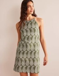 BODEN Racer Neck Jersey Mini Dress in Spruce, Sweet Paisley – green sleeveless slim fit dresses – women’s slubbed-cotton clothes – summer fashion
