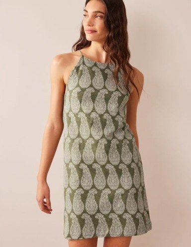 BODEN Racer Neck Jersey Mini Dress in Spruce, Sweet Paisley – green sleeveless slim fit dresses – women’s slubbed-cotton clothes – summer fashion - flipped