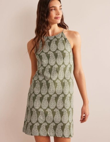 BODEN Racer Neck Jersey Mini Dress in Spruce, Sweet Paisley – green sleeveless slim fit dresses – women’s slubbed-cotton clothes – summer fashion