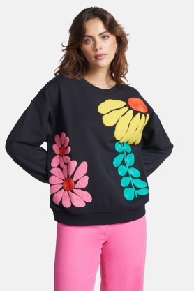 gorman Rambling Sweater / women’s embroidered organic cotton fleeceback sweatshirts / womens floral long sleeve crew neck sweat tops / clothes with flower motifs - flipped
