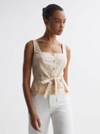 REISS MELBYE PAIGE SQUARE NECK BELTED TOP ANTIQUE PAPER ~ tie waist camisole ~ womens feminine summer tops ~ button front camisoles ~ REISS women’s clothing