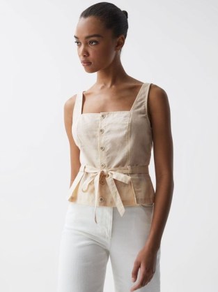 REISS MELBYE PAIGE SQUARE NECK BELTED TOP ANTIQUE PAPER ~ tie waist camisole ~ womens feminine summer tops ~ button front camisoles ~ REISS women’s clothing - flipped