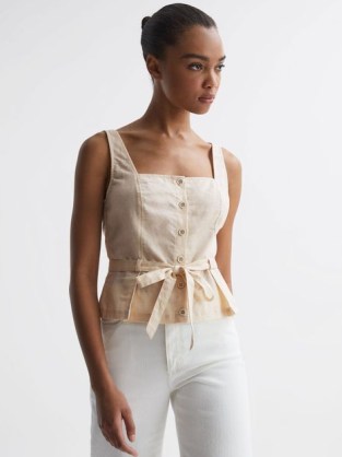 REISS MELBYE PAIGE SQUARE NECK BELTED TOP ANTIQUE PAPER ~ tie waist camisole ~ womens feminine summer tops ~ button front camisoles ~ REISS women’s clothing