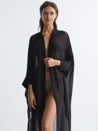 Reiss AVA SHEER KAFTAN BLACK / shirt style kaftans / women’s beachwear cover ups / holiday poolside clothing / beach cover-up