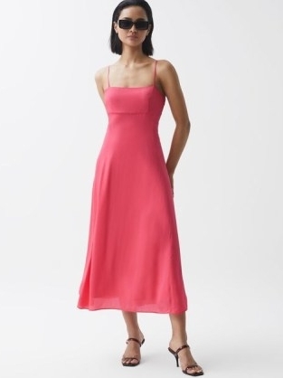 REISS BONNIE PLAIN SQUARE NECK FITTED MIDI DRESS CORAL ~ spaghetti strap dresses ~ cut out back detail clothes - flipped