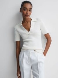 REISS DEVIN V-NECK COLLARED KNIT TOP IVORY ~ women’s chic sportsweat inspired clothes ~ womens short sleeve slim fit tops ~ wardrobe essentials
