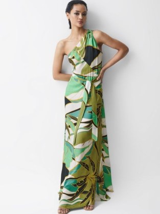 REISS TINA JUNGLE PRINT MAXI DRESS GREEN ~ one shoulder tie waist dresses ~ asymmetric occasion clothes ~ women’s summer event clothing ~ resort inspired - flipped